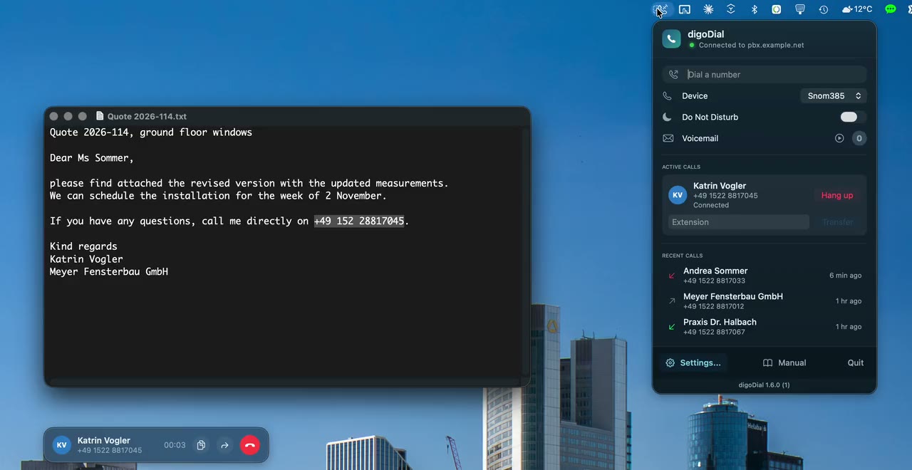 A phone number in a quote is selected, the shortcut is pressed, and the call window shows the call that has been set up, which is also listed under active calls in the panel.