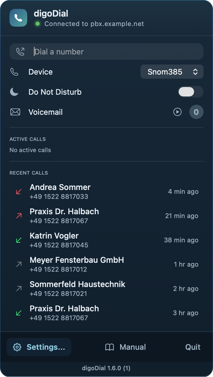 The call list in the panel with names, numbers and times, including a missed call.