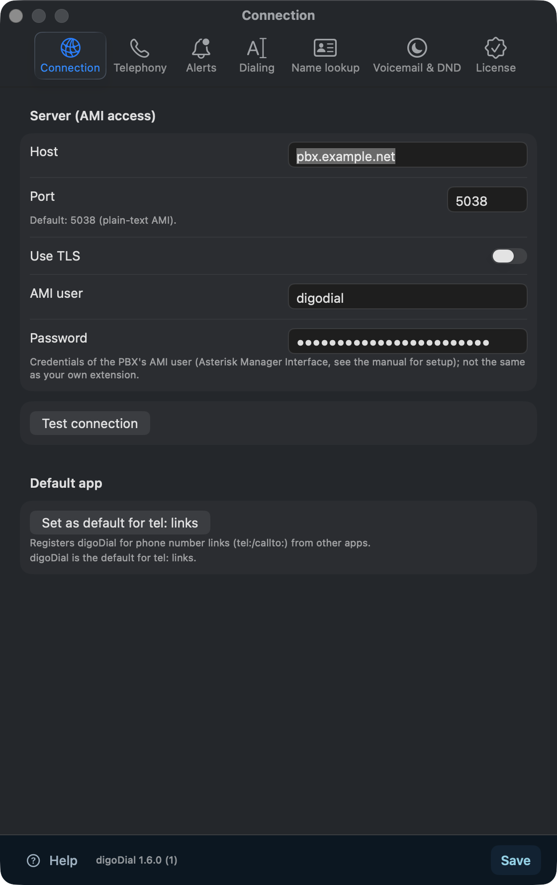 The digoDial settings, connection tab, with host, port and AMI user.