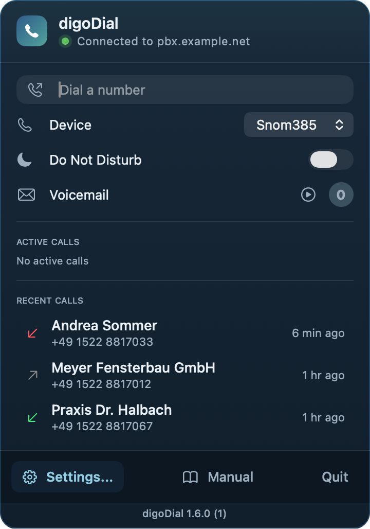 The digoDial menu bar panel, connected to the PBX, with the dial field, Do Not Disturb, Voicemail and the recent calls.